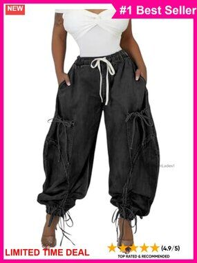 Women's Drawstring Ankle Tie Cargo Parachute Jeans High Waisted